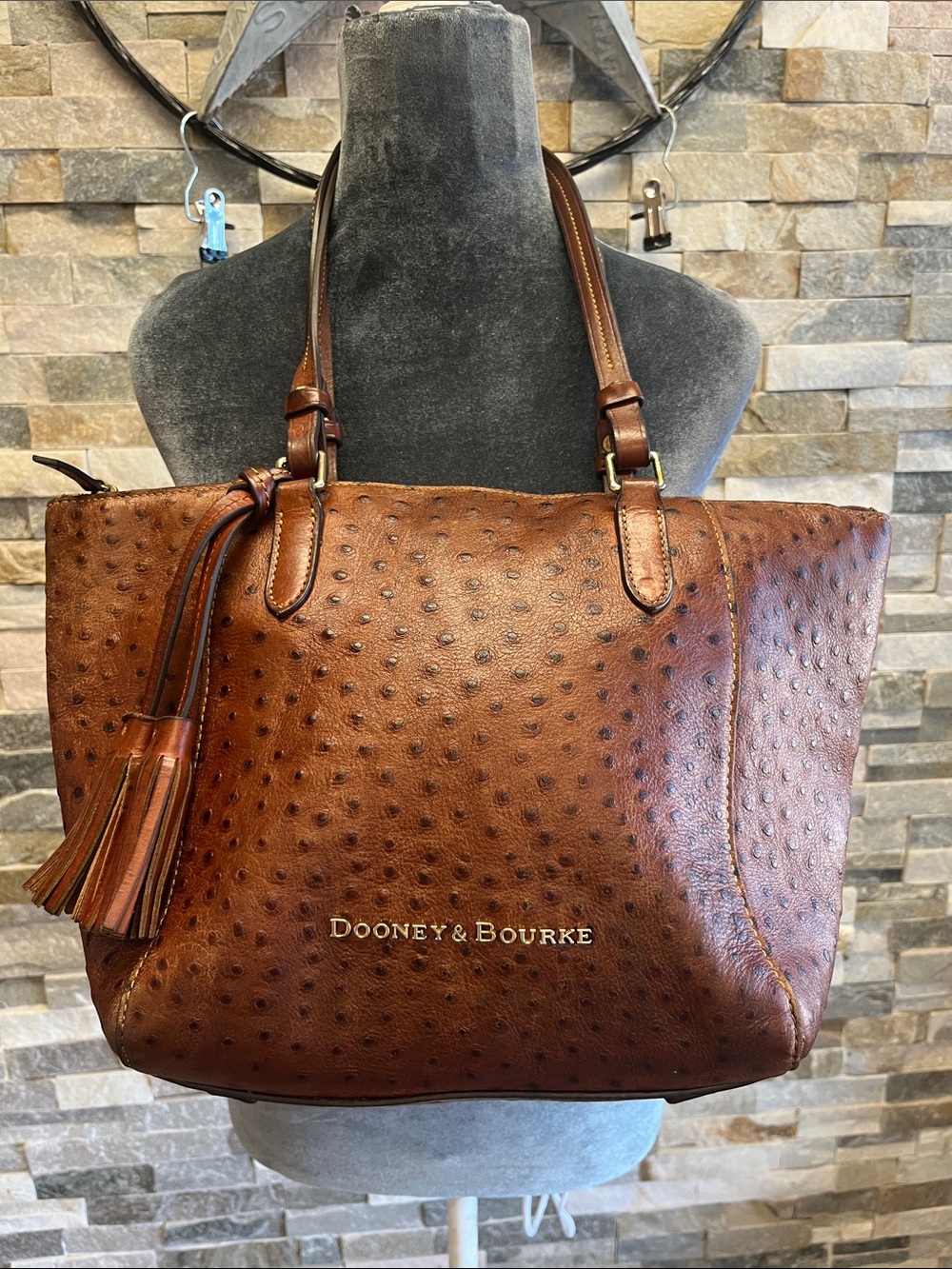 Dooney & Bourke Brown Ostrich-Embossed Leather Tote with Tassel